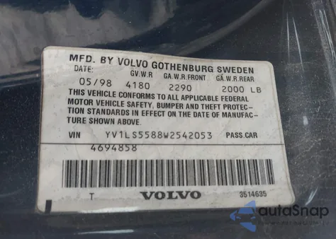 1998 Volvo S70 Gtas/Gtms z USA, uszkodzony, nr VIN YV1LS5588W2542053